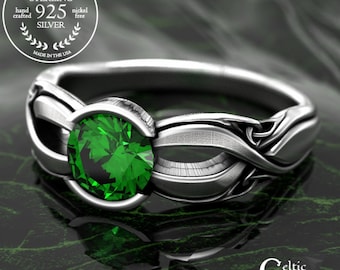 Scottish Trinity Knotwork Engagement Ring, Sterling Silver and Emerald Irish Proposal Ring, Silver & Gemstone Celtic Solitaire Ring, 1996