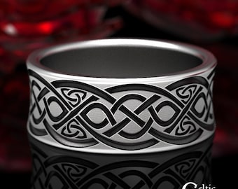 Mens Engraved Ring, Sterling Silver Wedding Band, Mens Wide Ring, Mens Celtic Ring, Mens Celtic Wedding Band, Trinity Knot Ring, 1560