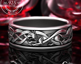 Men's Guardian Norse Wolf Ring, Sterling Viking Wedding Band, Silver Irish Knotwork Jewelry, 2111