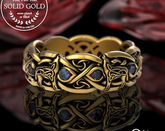 Alexandrite Womens Wolf Ring, Gold Nordic Wedding Band, 10K Alexandrite Wolves, 14K Alexandrite Celtic Wedding Ring, Irish Wolf Ring, 1267