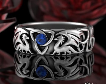 Sapphire Soulmate Dragons Ring, Sterling Womens Fantasy Dragon Wedding Band, Mother of Dragons Ring, D&D Ring, 925 Welsh Nordic Dragon, 3186