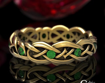 10K Emerald Womens Ring, 14K Celtic Wedding Band, Gold Emerald Wedding Ring, Emerald Celtic Wedding Ring, Emerald Irish Womens Ring, 1899