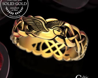 10K Gold Celtic Weave & Puffins Ring, Woman's Sea Bird Wedding Band in Platinum, 14K Rose Gold Irish Rock Hopper Jewelry, 2122