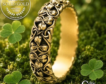 18K Gold Bride's Shamrock Ring, 14K White Gold Irish Natural Clover Wedding Band, Platinum Celtic Anniversary Ring, 10K Lucky Jewelry, 2064