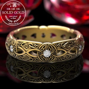 10K Moissanite Celtic Ring, 14K Gold Celtic Ring, 18K Celtic Wedding Ring, Womens Gold Wedding Band, Women White Gold Celtic Ring, 1805