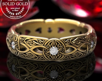 10K Moissanite Celtic Ring, 14K Gold Celtic Ring, 18K Celtic Wedding Ring, Womens Gold Wedding Band, Women White Gold Celtic Ring, 1805