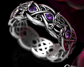 Amethyst Wolf Wedding Ring, Sterling Silver Wolf Ring, Wolf Wedding Band, Wolf Celtic Wedding Band, Amethyst Wedding Ring, Celtic Ring, 1267