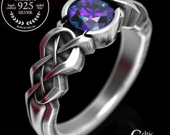 Alexandrite Engagement Ring, Sterling Silver Celtic Solitaire Ring, Womens Alexandrite Ring, Silver Alexandrite Wedding Ring, 414