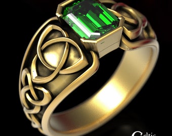 Mens Gold Engagement Ring, Mens Celtic Statement Ring, Emerald Gold Ring, Emerald Celtic Ring, Celtic Wedding Ring, Emerald Engagement, 1531