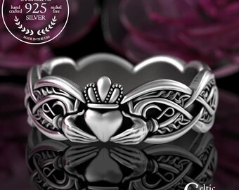 Bridal Scottish Claddagh Ring, Heart Hands Crown Ireland Wedding Ring, Sterling Silver Women's Handfasting Band, Traditional Irish Ring 3238