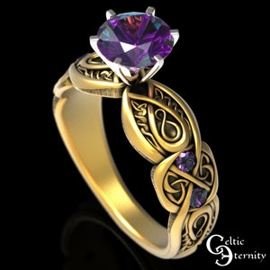 Alexandrite Gold Solitaire Ring, 10K White Gold Alexandrite Wedding Ring, Gold Celtic Engagement Ring, 14K Gold Irish Engagement Ring, 1652