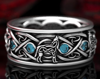 Mens Wolf Wedding Band, Blue Spinel & Sterling Silver, Mens Celtic Wedding Ring, Mens Wide Wedding Ring, Mens Wolf Ring, Wolf Wedding, 1269