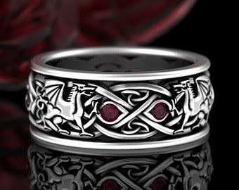 Ruby Silver Dragons Ring, Sterling Viking Mens Wedding Band, Scottish Dragon Ring, Mens Nordic Celtic Knotwork Ring, 3109