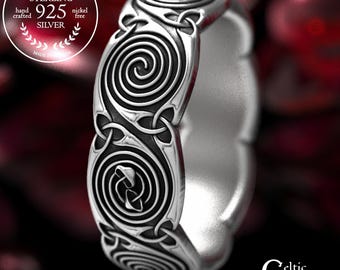 Celtic Mushroom Wedding Ring With Spiral Design and Triquetra in Sterling Silver, Mushroom Wedding Band, Silver Mushroom Ring, 1722