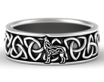 Sterling Silver Celtic Wolf Ring, Wolf Wedding Band, Celtic Trinity Animal Ring, Wolf Jewelry, Norse Wolf Ring, Viking Wolf Jewelry 1196