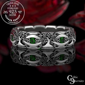 Tree of Life Ring with Emeralds, Sterling Yggdrasil Ring, Silver Celtic Tree Wedding Band, Womens Kabbalah Ring, Bridal Nature Ring, 3191