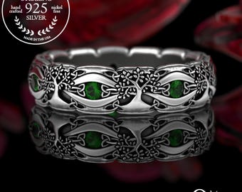 Tree of Life Ring with Emeralds, Sterling Yggdrasil Ring, Silver Celtic Tree Wedding Band, Womens Kabbalah Ring, Bridal Nature Ring, 3191