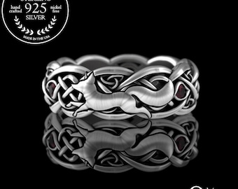 Ruby Fox Wedding Ring, Womens Sterling Fox Ring, Ruby Fox Ring, Fox Wedding Band, Celtic Fox Wedding Ring, Sterling Fox Ring, 3196