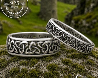 Matching Sterling Celtic Wedding Ring Set, His Hers Irish Knotwork Anniversary Bands, Silver Bride Groom Trinity Knot Rings, 200 201