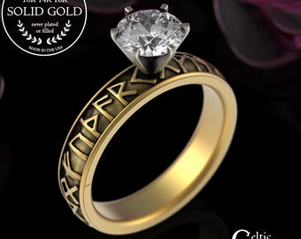 10K Gold Norse Rune Engagement Ring, 14K White Gold Viking Bridal Ring, Futhark Rune Moissanite Wedding Ring, Nordic Bride Diamond, 3228