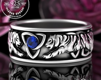 Sapphire Tiger Wedding Band, Sterling Statement Ring, Jungle Ring, Sapphire Men's Wedding Band, Men Irish Tiger Ring, Power Animal Ring 3119