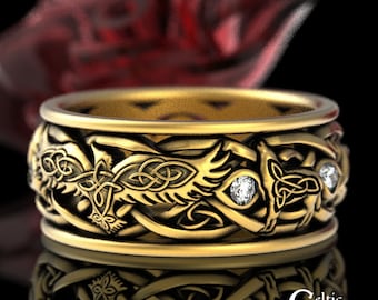 Mens Gold Raven Wolves Ring, Moissanite Gold Wedding Ring, 10K Gold Wolves Celtic Ring, Raven Wedding Band, 14K Raven Wedding Ring, 4697