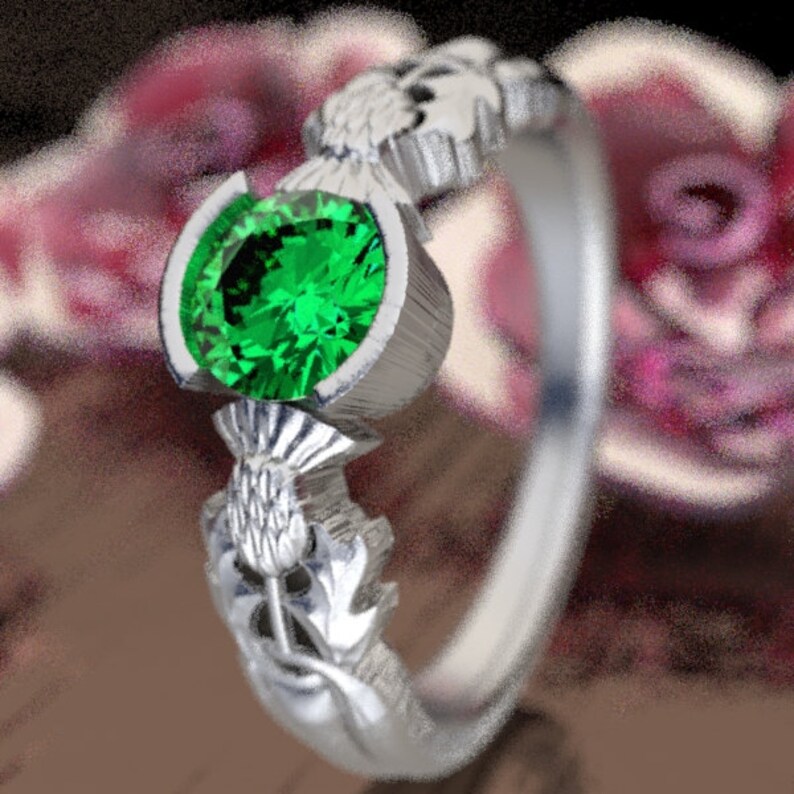 Thistle Engagement Ring, Sterling Silver & Emerald, Scottish Solitare, Floral Wedding, Handcrafted Rings, Alternative Engagement Ring 1774 image 7