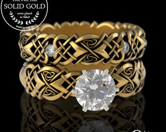 Gold/Platinum Moissanite Stacking Engagement Ring Set, 10K Celtic Bridal Ring Set, Matching Heart Knotwork Solitaire Wedding Set, 4014 4017