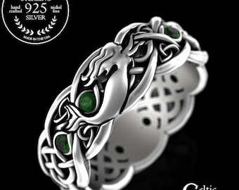 Emerald Celtic Mermaid Ring, Sterling Irish Mermaid Wedding Band, Womens Selkie Ring, Silver Siren Ring, Ocean Wedding Ring, Merwoman, 3058