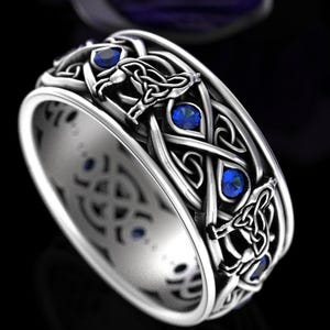 Mens Wolf Wedding Band, Sapphire & Sterling Silver, Mens Celtic Wedding Ring, Mens Wide Wedding Ring, Mens Wolf Ring, Wolf Wedding, 1269