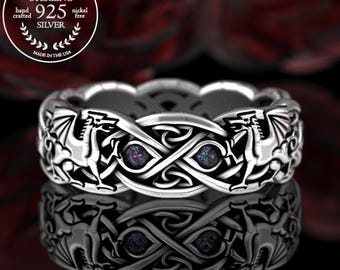 Alexandrite Dragon Twin Flame Wedding Band, Sterling Traditional Welsh Dragon Ring, Silver Soulmate Wyvern Ring, Fourth Wing Wedding, 3016