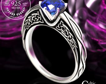 Sterling & Sapphire Cathedral Engagement Ring, Under-gallery Bridal Celtic Wedding Ring, Irish Scrollwork Solitaire Ring, 2114