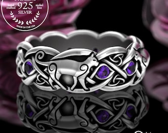 Amethyst Celtic Cat Ring, Sterling Irish Cat, Swirl Cat Wedding Band, Cat Lover Ring, Woven Scottish Ring, Kitty Ring, Feline Ring, 3097