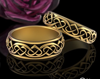 Matching Solid Gold Heart Knotwork Wedding Ring Set, Platinum Irish Woven Ring, 10K 14K 18K His Hers Heart Knot Wedding Bands, 3159 3160