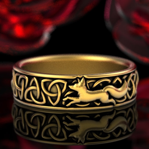 Gold Celtic Fox Ring Fox Wedding Band Womens Gold Ring Womans