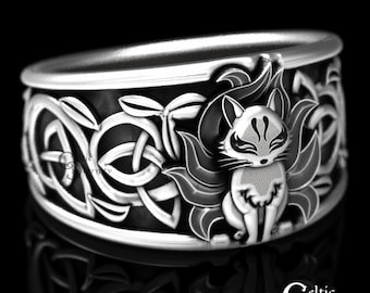 Sterling Silver Fox Ring, Celtic Fox Ring, Fox Wedding Ring, 9-Tailed Fox Ring, Celtic Fox Jewelry, Anime Wedding Ring, Japanese Fox, 1450