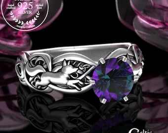 Alexandrite Fox Engagement Ring, Sterling Kitsune Solitaire Ring, Sapphire Fox Soulmate Wedding Ring, Baby Fox Ring, Ruby Proposal, 3071