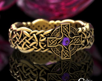 14K Cross Ring, 10K Mens Cross Wedding Ring, Amethyst Cross Ring, Gold Irish Cross Ring, Gold Celtic Cross Ring, 14K Irish Cross, 1930