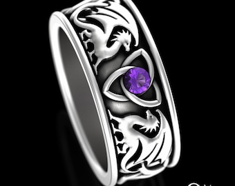 Sterling Welsh Dragon Ring, Amethyst Dragon Wedding Band, Knotwork Dragon Ring, Nordic Mens Wedding Ring, Silver Norse Dragon Ring, 3052
