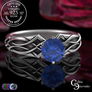 Sapphire Modern Celtic Engagement Ring, Sterling Bridal Knotwork Ring, Round Diamond-weave Solitaire Ring, Silver Irish Wedding Ring, 3343