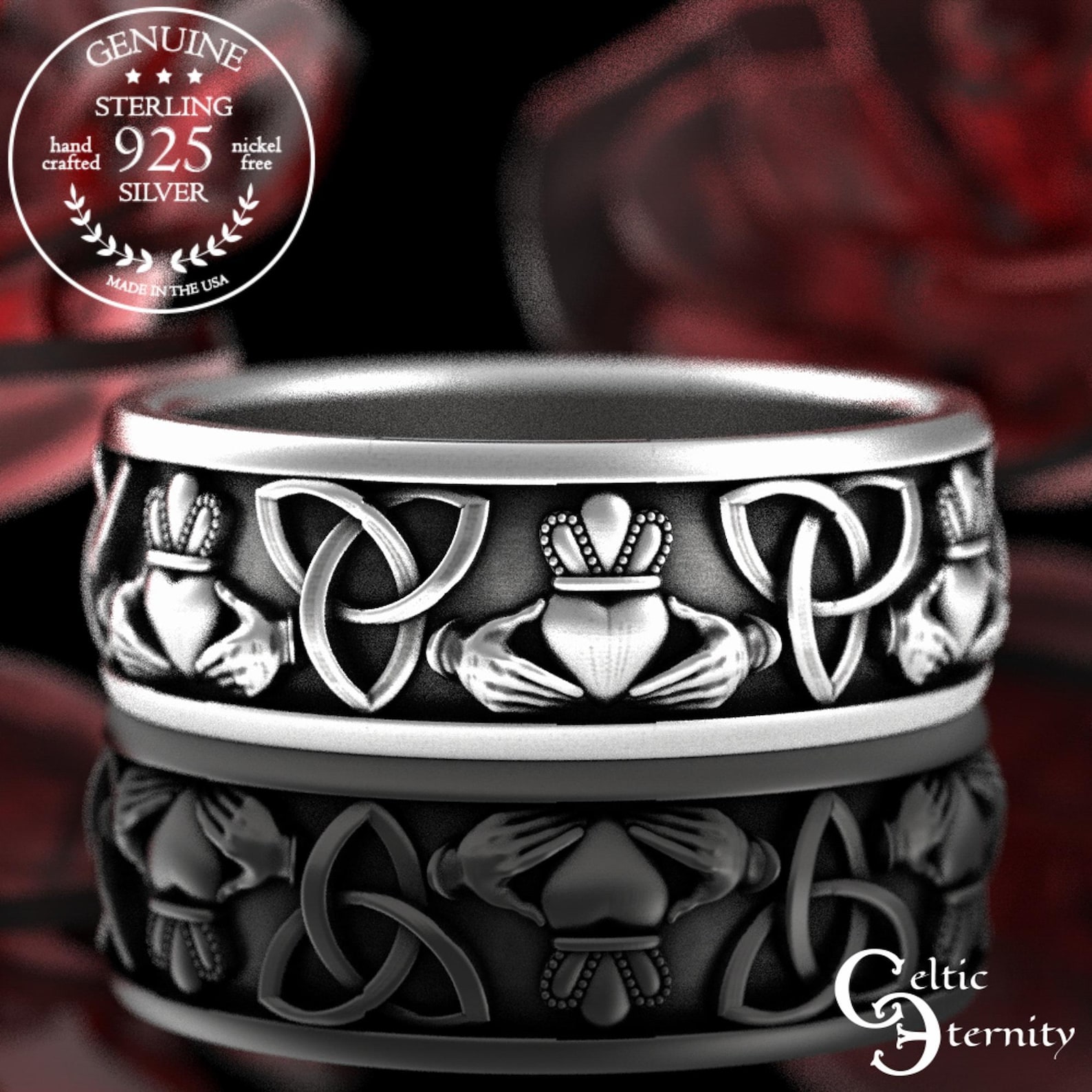 Silver Claddagh Celtic Ring, Scottish Heart Trinity Ring, Sterling Silver Claddagh Celtic Ring, Scottish Heart Trinity Ring, Sterling