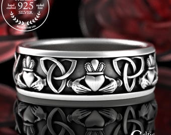 Silver Claddagh Celtic Ring, Scottish Heart Trinity Ring, Sterling Irish Wedding Ring, Mens Scottish Wedding Band, Mens Claddagh Ring, 3078