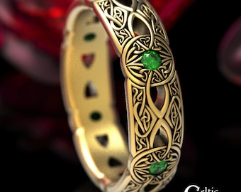 10K Gold Emerald Celtic Ring, 14K Gold Celtic Ring, 18K Celtic Wedding Ring, Womens Emerald Wedding Band, Women White Gold Celtic Ring, 1805