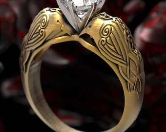 Gold Raven Ring, Moissanite Viking Ring, Raven Engagement Ring, Viking Engagement Ring, 10K Odin Engagement, Celtic Engagement Ring, 1799