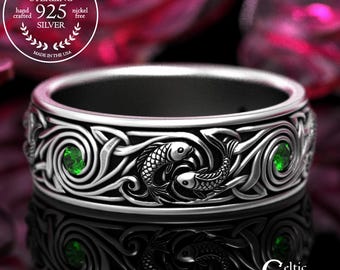 Sterling & Emerald Men's Pisces Ring, Groom's Koi Fish Wedding Band, Silver Irish Water Astrology Ring, 2103 2103