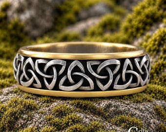 2-Tone Classic Irish Groom Knotwork Ring, Sterling + 10K Gold Trinity Celtic Wedding Band, Simple Scottish Man Trinity Knot Wedding, 4029