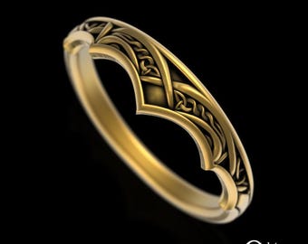 Gold or Platinum Accent Wedding Band, 10K 14K Stacker Wedding Ring, White Gold Chevron Style Bridal Ring, Fitted Gold Celtic Ring, 1971