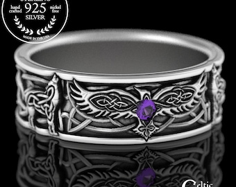 Sterling Silver Celtic Raven & Wolf Ring with Amethyst, Raven Wedding Band, Mens Wedding Band, Raven Jewelry, Wolf Ring, Raven Ring, 1698