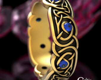 10K Gold Sapphire Celtic Ring, 14K Gold Celtic Ring, 18K Celtic Wedding Ring, Womens Sapphire Wedding Band, Women Gold Celtic Ring, 1916