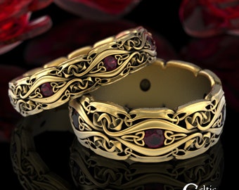 14K Ruby Mushroom Rings, Matching Gold Celtic Rings, Matching Celtic Wedding Bands, 10K Ruby Ring Set, 18K Celtic Ring Set 1378 1535